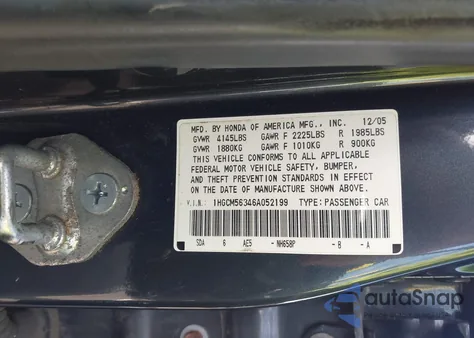 2006 Honda Accord 2.4 Se from USA, damaged, VIN 1HGCM56346A052199